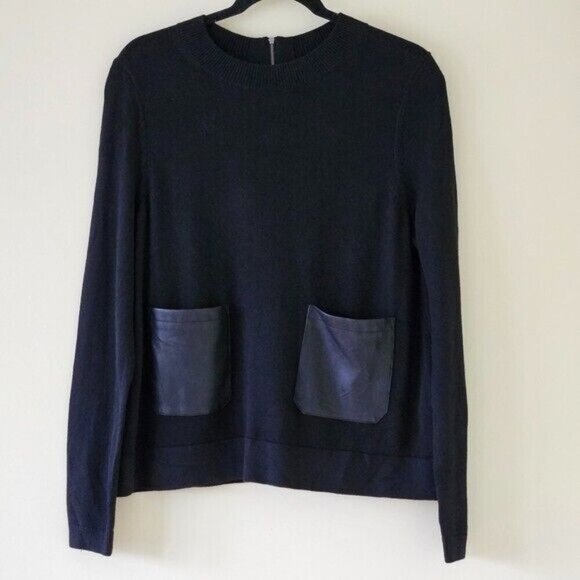 Banana Republic Sweater Women S Black LS Crewneck Faux Leather Pockets Goth Wool - Picture 1 of 14
